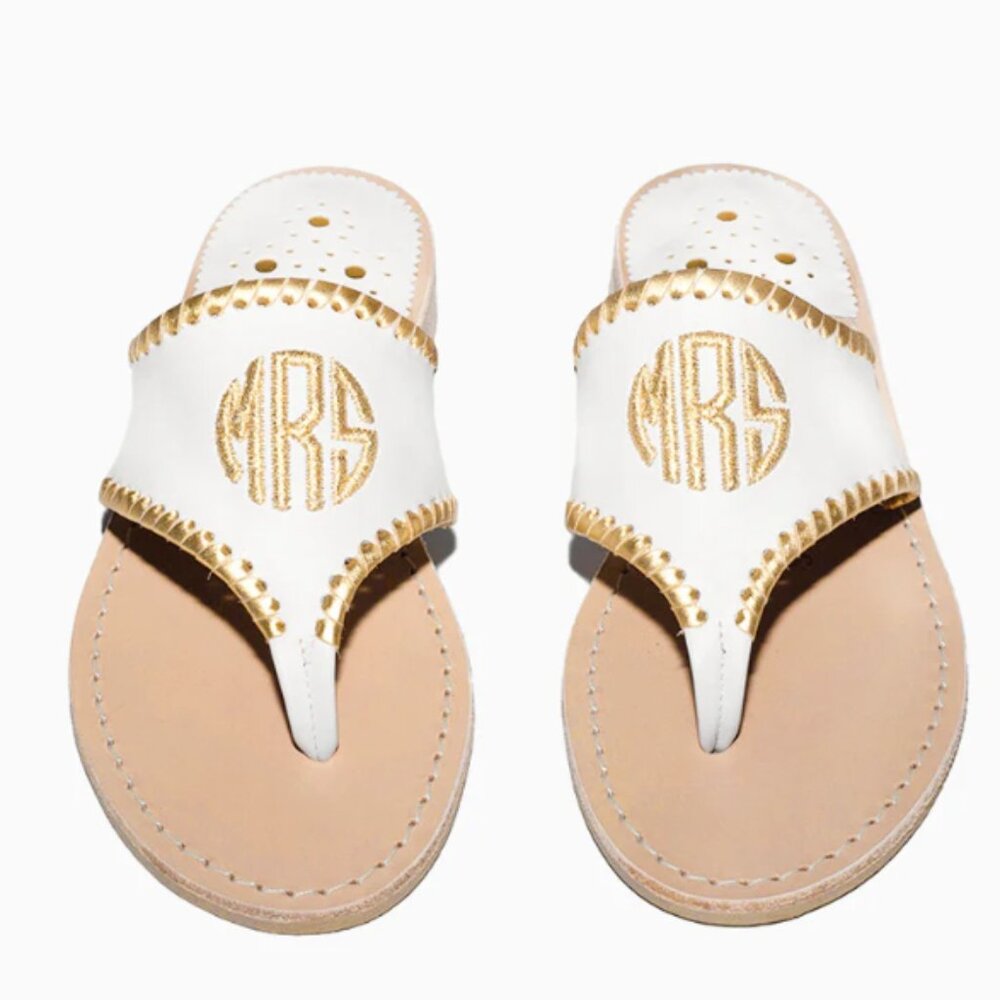 Jack Rogers White & Gold Embroidered "MRS" Sandal - Size 11
